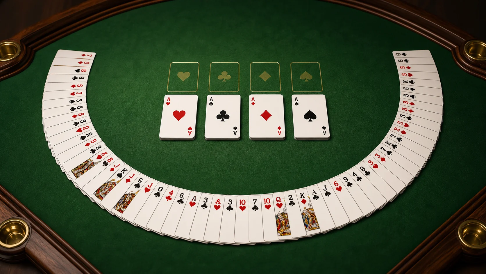 Crescent Solitaire table with curved tableau piles around central foundations