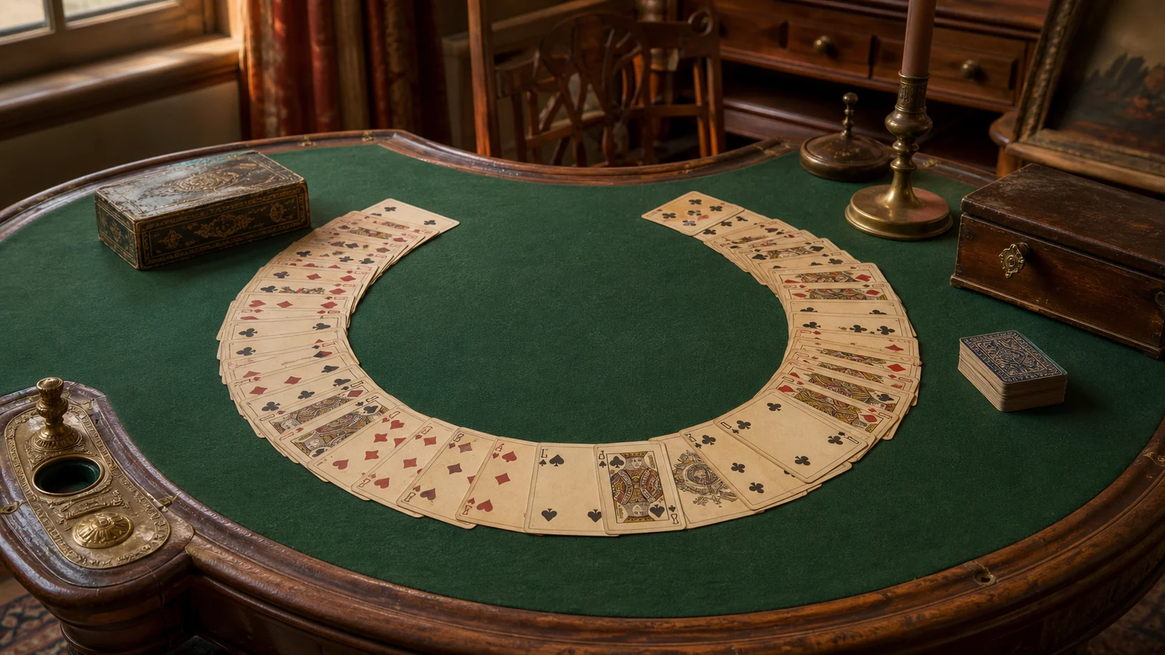 Vintage playing cards arranged in a crescent layout on a green card table