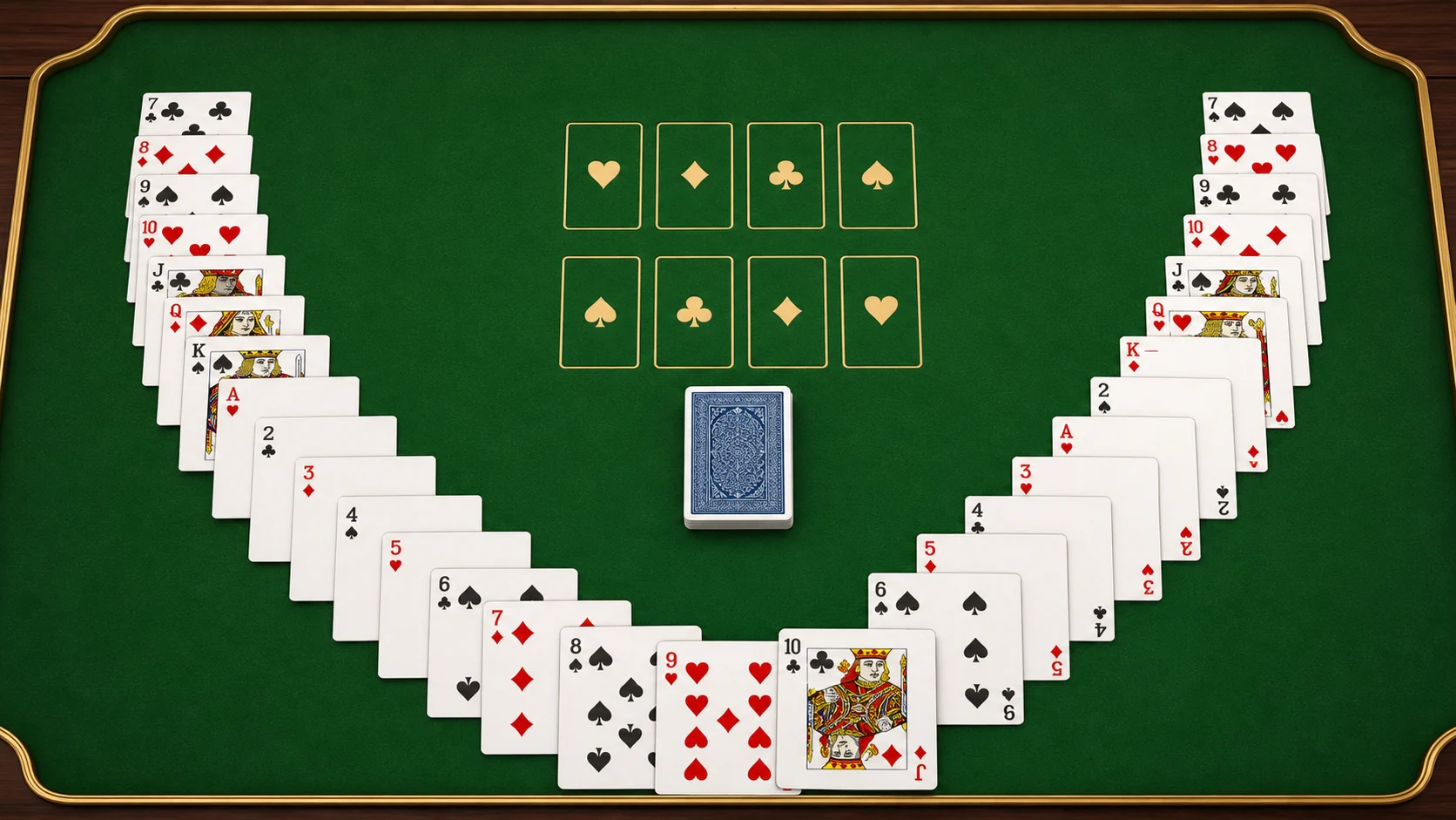 Crescent Solitaire rules setup with central foundations and outer piles